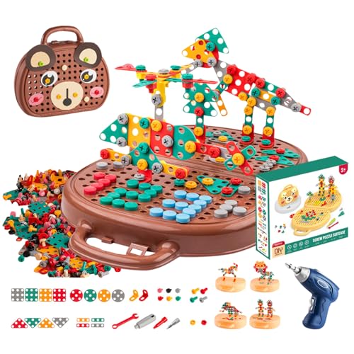 Montessori Spielzeugkiste Mit Bohrmaschine, 204 Stück Montessori-Spielwerkzeugkasten Bär Mit Bohrer, Mosaik-Puzzlespielzeug, Puzzle Ab 3|4-12 Jahre Spielzeug Schraubenwerkzeugset Für Kinder (Braun) von ACAREY