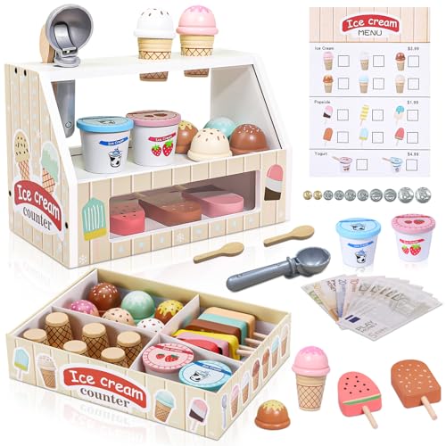 Eisdiele Kinder Holz, ACELIFE EIS Holzspielzeug für Kinder Einkaufsladen Kinderküche Zubehör Montessori Spielzeug Weihnachten Geschenk Eisladen Kinder ab 3 4 5 6 Jahren von ACELIFE