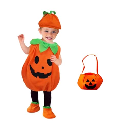 ACMEDE Halloween Kostüm Kinder Kürbis, Halloween Karneval Fasching Kostüme baby Mädchen Junge mit Hut Schuhüberzieher und Kürbistasche, Fleece Pumpkin Halloween Cosplay Kleinkind 1-7 Jahre von ACMEDE