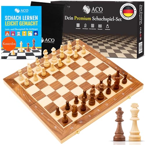 ACO Schachspiel mit Schachbuch 38 x 38cm - Schach und Dame aus Walnussholz klappbar und magnetisch mit Reisetasche - Schachbrett Holz Set Chess board - Brettspiele von ACO