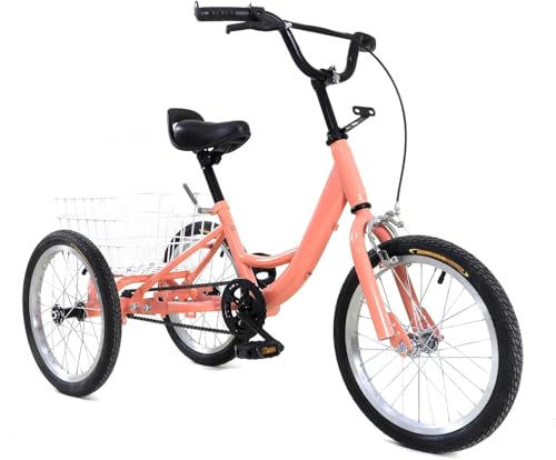 ACROSSPART 16 Zoll Dreirad Trike Cruise Fahrrad Singlespeed Cruiser Bike mit 3 Rädern & Korb Verstellbarer Lenker&Sattel Kinderdreiräder Hellorange von ACROSSPART