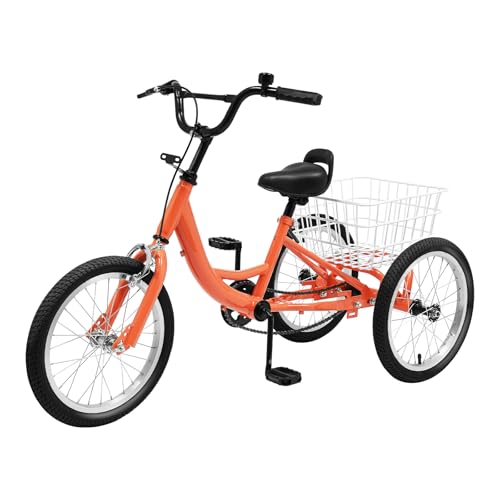 ACROSSPART 16 Zoll Dreirad Trike Cruise Fahrrad Singlespeed Cruiser Bike mit 3 Rädern & Korb Verstellbarer Lenker&Sattel Kinderdreiräder Hellorange von ACROSSPART