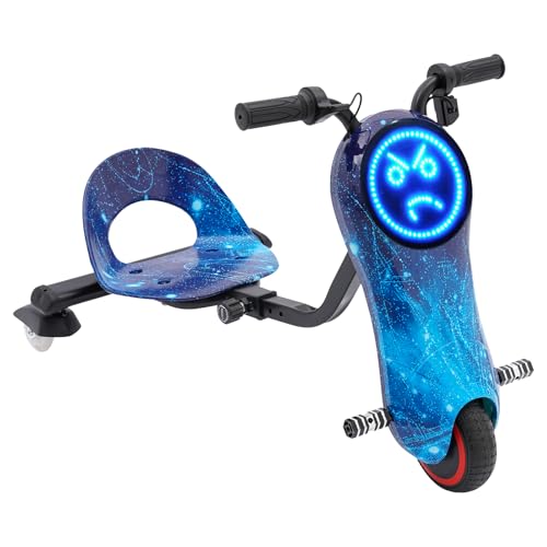 ACROSSPART Kinder Elektro-Drift-Scooter 180W Drift Trike mit Bürstenloser Motor, 3 Geschwindigkeitsstufen - LED-Beleuchtung - Sitz verstellbar - Bluetooth Driftscooter (Blauer Stern) von ACROSSPART