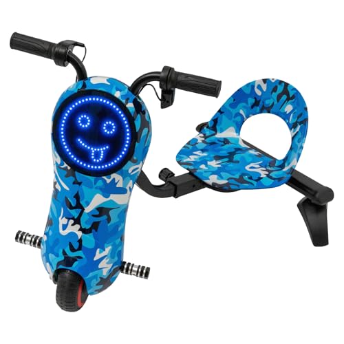 ACROSSPART Kinder Elektro-Drift-Scooter 180W Drift Trike mit Bürstenloser Motor, 3 Geschwindigkeitsstufen - LED-Beleuchtung - Sitz verstellbar - Bluetooth Driftscooter (Camouflage Blau) von ACROSSPART