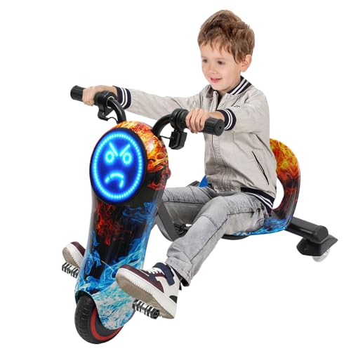 ACROSSPART Kinder Elektro-Drift-Scooter 180W Drift Trike mit Bürstenloser Motor, 3 Geschwindigkeitsstufen - LED-Beleuchtung - Sitz verstellbar - Bluetooth Driftscooter (EIS und Feuer) von ACROSSPART