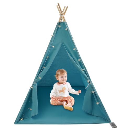 ACROSSPART Tipi Zelt für Kinder Spielzelt Kinderzelt Indoor mit Gepolsterter Decke, Lichterkette, Aufbewahrungstasche Kinderzelt für Drinnen Spielzelt für Mädchen & Jungen (Blau) von ACROSSPART