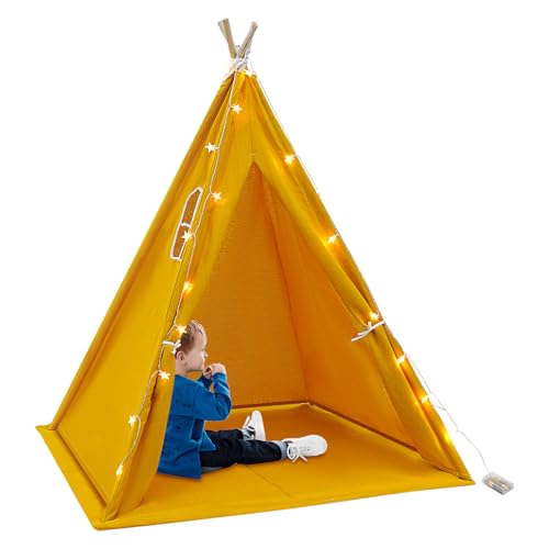 ACROSSPART Tipi Zelt für Kinder Spielzelt Kinderzelt Indoor mit Gepolsterter Decke, Lichterkette, Aufbewahrungstasche Kinderzelt für Drinnen Spielzelt für Mädchen & Jungen (Gelb) von ACROSSPART