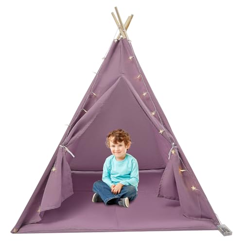 ACROSSPART Tipi Zelt für Kinder Spielzelt Kinderzelt Indoor mit Gepolsterter Decke, Lichterkette, Aufbewahrungstasche Kinderzelt für Drinnen Spielzelt für Mädchen & Jungen (Lila) von ACROSSPART