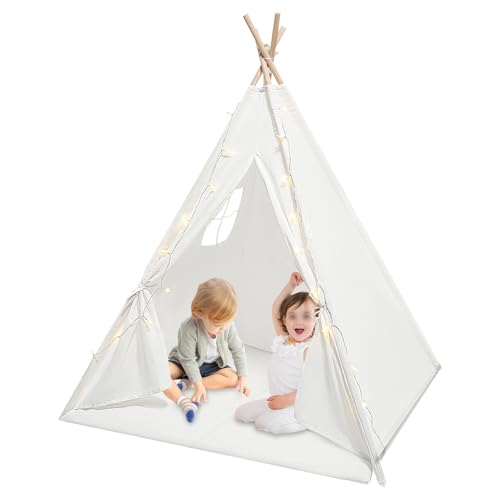 ACROSSPART Tipi Zelt für Kinder Spielzelt Kinderzelt Indoor mit Gepolsterter Decke, Lichterkette, Aufbewahrungstasche Kinderzelt für Drinnen Spielzelt für Mädchen & Jungen (Weiß) von ACROSSPART