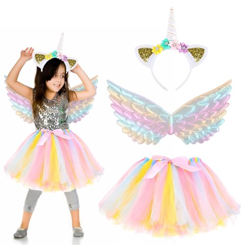 ACTOYS Einhorn Kostüm Set, Karneval Mädchen Prinzessin Kleid mit Einhorn-Stirnband, Engelsflügeln und Netzrock, Unicorn Costume Girls für Karneval Partys, Abschlussball-Cosplay von ACTOYS