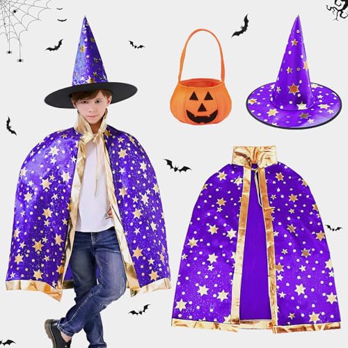 ACTOYS Halloween Kostüm Kinder, Zauberer Kostüm Kinder, Hexe Zauberer Umhang mit Hut für Kinder, Kürbis Candy Bag, Halloween Kostüm Kinder Jungen Mädchen (Lila) von ACTOYS