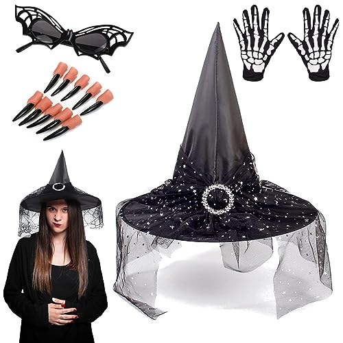 ACTOYS Hexe Hut Kostüm Set, Hexenhut Damen Schwarz, Hexenhut Halloween, Hexenkostüm Zubehör, Halloween Hexenhut Erwachsene Kinder, Hexehut Deko, Halloween Zubehör Halloween-Maskerade-Cosplay von ACTOYS