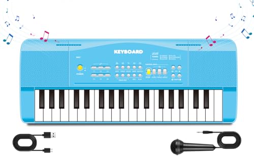 ACVCY Keyboard Kinder ab 3 Jahre, Tragbare Multifunktions Kinder Keyboard 37 Tasten mit Mikrofon, Musikspielzeug Klaviertastatur Lernspielzeug Geschenk für Jungen Mädchen 3 4 5 6 Jahre, Blau von ACVCY