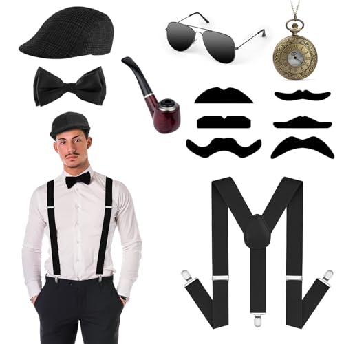 ACWOO 20er Jahre Herren Accessoires, 7 Stück 1920er Herren Kostüm Zubehör Set, Ma-fia Kostüm Herren, Herren Kostüm für Halloween & Partys Karneval Fasching Cosplay Geburtstag von ACWOO