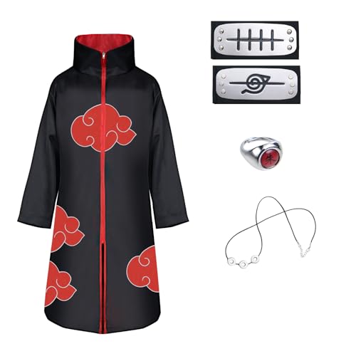 ACWOO Akatsuki Mantel für Kinder Erwachsener, Unisex Cosplay Anime Kostüm Itachi Mantel Cosplay Halloween Weihnachten Party Kostüm Umhang, mit Stirnband und Ring von ACWOO