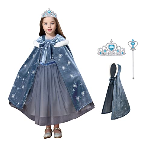 ACWOO Anna Kostüm Mädchen, Elsa Anna Prinzessin Kleid mit Krone und Zauberstab, Elsa Kostüm Elsa Kostüme Mädchen für Verkleidung Karneval Weihnachten Hochzeit Party von ACWOO