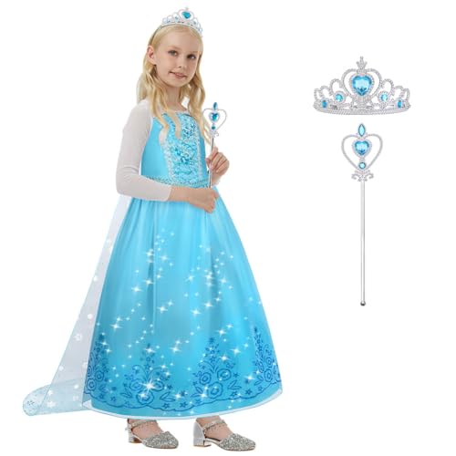 ACWOO Prinzessin Kleid Prinzessin Kostüm, Kinder Prinzessin Leuchtende Brosche, Kostüm Mädchen mit Krone Zauberstab für Weihnachten Verkleidung Karneval Halloween Geburtstagsfeier(100CM) von ACWOO