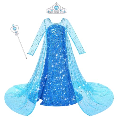 ACWOO ELSA Mädchen Prinzessin Kostüm, Elsa Anna Prinzessin Kleid Prinzessin Kostüm, Elsa Kostüm Mädchen Paillettenschleier mit Krone Zauberstab für Weihnachten Verkleidung Karneval Halloween（150CM） von ACWOO