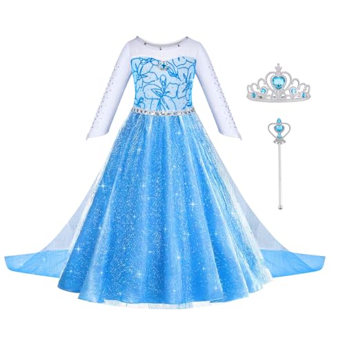 ACWOO ELSA Kostüm Mädchen, ELSA Kinder Prinzessin Kleid 6-teiliges Set mit Krone Diadem Handschuhe Zauberstab usw für Halloween Weihnachten Verkleidung Karneval von ACWOO