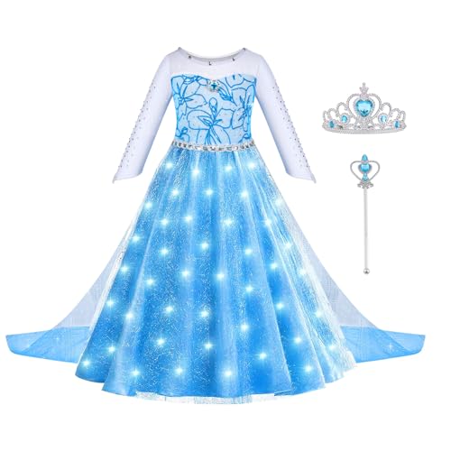 ACWOO LED Leuchtend Prinzessin Elsa Kleid, Elsa Kostüm Mädchen, Elsa Kleid Kinder Set mit Krone Zauberstab, Elsa Kostüm Accessoires für Weihnachten Verkleidung Karneval Halloween von ACWOO