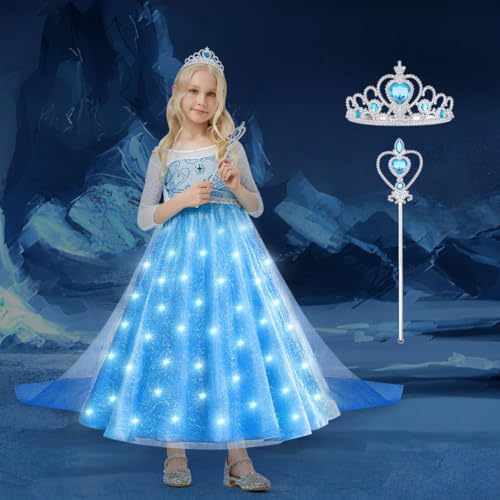 ACWOO Elsa Kostüm Mädchen, Elsa Anna Prinzessin Kleid Prinzessin Kostüm, ELSA Kinder Prinzessin Leuchtende Brosche mit Krone Zauberstab für Weihnachten Verkleidung Karneval Halloween Geburtstagsfeier von ACWOO