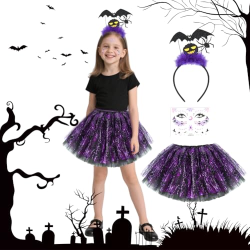 ACWOO Halloween-Kostüm für Mädchen, 3-teilig Halloween Kostüm Lila Spin-nen Kinderrock set mit Stirnband, Tattoo-Sticker, Tüllrock, Kostüm Kinder für Karneval, Party, Halloween, Cosplay ACWOO Halloween-Kostüm für Mädchen, 3-teilig Halloween Kostüm Lila Spin-nen Kinderrock set mit Stirnband, Tattoo-Sticker, Tüllrock, Kostüm Kinder für Karneval, Party, Halloween, Cosplay von ACWOO