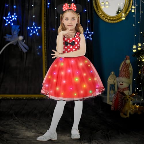 ACWOO Minnie Mouse Kostüm für Mädchen Kinder, Maus Mouse Kostüm mit Maus Ohren Haarreif, LED Leuchtend Kostüm Kleid Mädchen für Karneval Cosplay Fasching Party Halloween Weihnachten von ACWOO