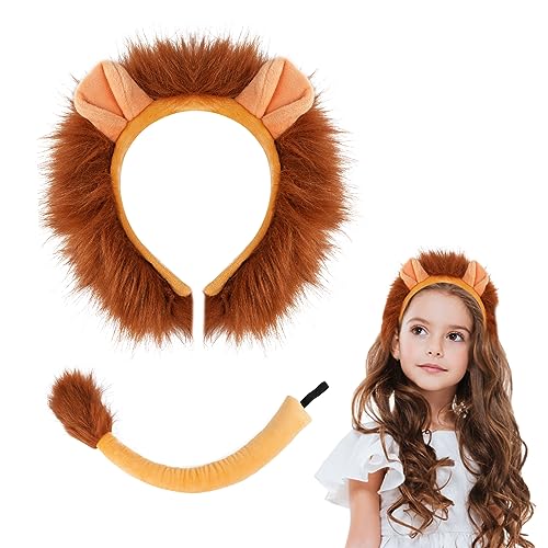 ACWOO Löwe Stirnband Schwanz Set Tier Kostüm Set Halloween Kostüme Plüsch Löweohren Löweschwanz Cosplay Set Haarreifen Löwe Tierohren Schwanz Set Haarspange Headwear Damen von ACWOO