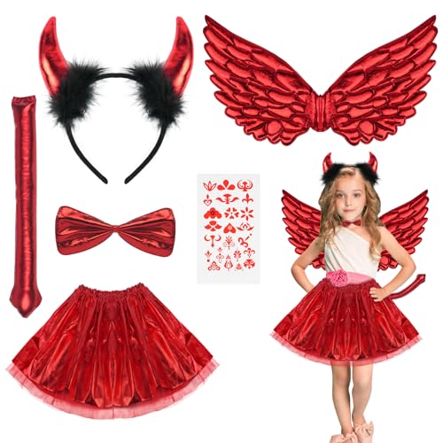 ACWOO Teufel Flügel Kinderkostüm Set, 6 Stück Teufel Kostüm Kit, Teufel Kostüm Mädchen, Teufel Kostüm Rote Engelsflügel, für Mädchen, Halloween, Karneval, Weihnachten, Engel-Cosplay von ACWOO