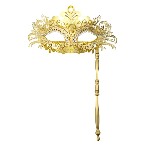 ADMAY Karnevalsmaske Maskenballmaske Weihnachts Cosplay Partyspaß: Wunderschöne Retro-Metallform mit Diamanten für Erwachsene und Kinder, handgehaltenes Metall-Halbgesichts-Set, (b-Khaki, One Size) von ADMAY