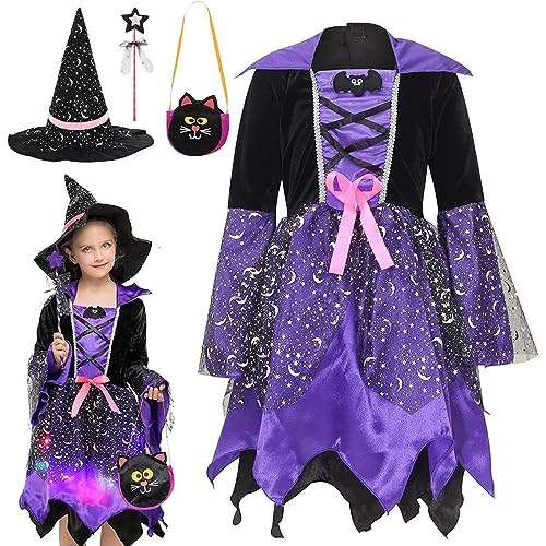 ADMAY Leuchtendes Hexenkostüm-Set für Mädchen, Halloween, Cosplay, Party, Verkleidung, mit Hut, Feenstab Tragetasche Tanzen Kinder (B-Purple, 10-12 Years) von ADMAY