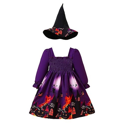 Kleinkind Mädchen Langarm Halloween Drucke Rüschen Kleid Hexenhut Zweiteilige Outfits Set Für Kinder Kleidung Tanzen Kinder (A-Purple, 1-2 Years) von ADMAY