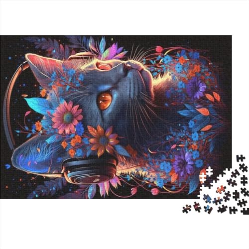 1000 Teile Holzpuzzle mit Katze und Blume, Neonfarben für Erwachsene, kreatives rechteckiges Puzzle, Gehirnübung, Herausforderungsspiel, Geschenk für Kinder (75x50cm) von ADMITO