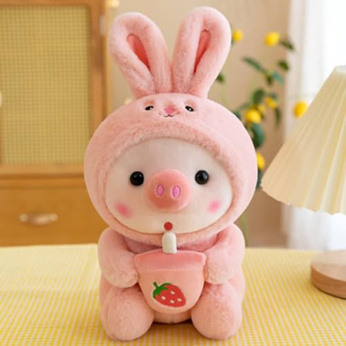 ADNOX 25cm Plüschtier Schwein Stofftier Kuscheltier, Plüschkissen Gefüllte Kuscheltier Pinguin Frosch Schwein Kuscheltier mit Milchtee Tasse Tier Weiche Puppe Geschenk für Kinder Jungen Mädchen von ADNOX