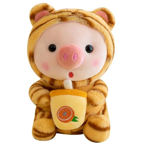 ADNOX 25cm Plüschtier Tiger Stofftier Kuscheltier, Plüschkissen Gefüllte Kuscheltier Pinguin Frosch Schwein Kuscheltier mit Milchtee Tasse Tier Weiche Puppe Geschenk für Kinder Jungen Mädchen von ADNOX