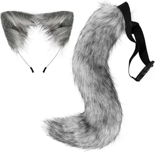 ADNOX Halloween Kostüme Plüsch Katzenohren katzenschwanz Cosplay Set Katzenohren und Schwanz Set aus Kunstfell Fuchsohren Haarreif mit Ohren und Schwanz Halloween Fasching Karneval Masquerade Cosplay von ADNOX