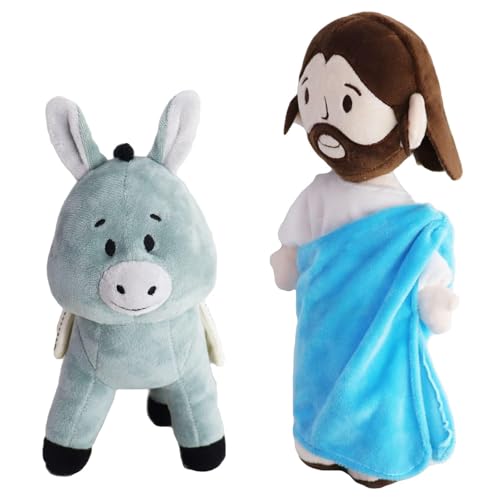 ADNOX Jesus Plüschtier, Jesus-Plüschpuppe, niedliche religiöse Christus-Spielzeuge für Kinder, Bettpuppen, Ostergeschenke zur Taufe (Jesus und Esel) von ADNOX