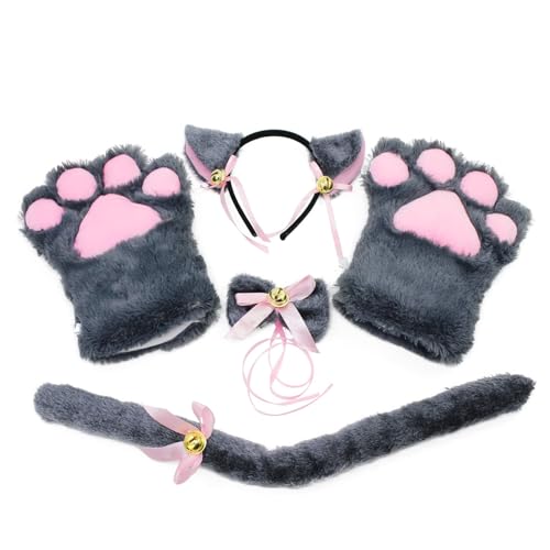 ADNOX Katze Cosplay Set,Kostüm Katze Katzen Kostüm Set Plüsch Klaue Handschuhe Katze Kätzchen Ohren Schwanz für kinder Damen katzenkostüm Erwachsene für Karneval Party(Grau) von ADNOX