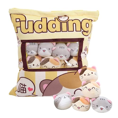 ADNOX Katze Plüsch Kissen, abnehmbare Spielzeug, Katze Pudding Kissen, Tasche mit Katze Plüsch, niedliche Katze Dekoration Geschenk für Jugendliche, Mädchen, Kinder (8 gelbe Kätzchen) von ADNOX