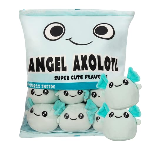 ADNOX Plüsch Kissen, Abnehmbare Kuscheltier Snack Kissen, Axolotl Pudding Kissen, Tasche mit Axolotl Plüschtier, Niedliche Geschenk für Jugendliche, Mädchen, Kinder (6 Blaue Axolotls) von ADNOX