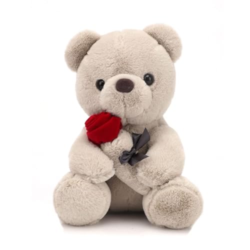 ADNOX Teddy mit Rose, 25 cm Teddybären Rose Stofftier Spielzeug Dekozimmer Kissen, Plüschtier Kuscheltier Schmusetier Geschenke für Mama, Kinder Mädchen, Geburtstag, Valentinstag von ADNOX