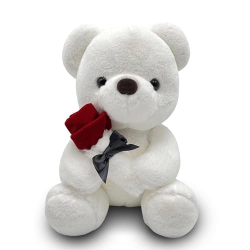 ADNOX Teddy mit Rose, 25cm Teddybären Rose Stofftier Spielzeug Dekozimmer Kissen, Plüschtier Kuscheltier Schmusetier Geschenke für Mama, Kinder Mädchen, Geburtstag, Valentinstag von ADNOX