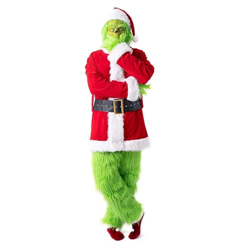 ADNOX Weihnachtsmann-Kostüm-Set für Erwachsene, Kinder, luxuriös, pelzig, Kostüm, Halloween, Weihnachten, lustiges Cosplay-Kostüm-Requisiten, Grün Größe:XXL von ADNOX