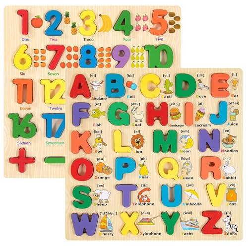 Alphabet Puzzle Holzpuzzle Spielzeug für Kinder, 2PCS ABC Buchstaben Zahlen Gestalten Klobige Holz Puzzle Blöcke, Brettspiel Lernspielzeug Geschenk für Kleinkinder und Vorschulkinder für 3 4 5 Jahre von ADNOX