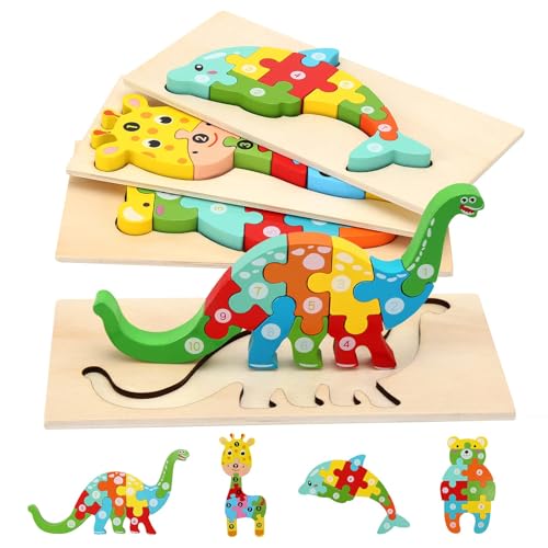 Holzpuzzle für Kleinkinder von 1-3 Jahren, Montessori-Spielzeug für Kinder ab 2 Jahren, lernendes pädagogisches Holzpuzzle-Spielzeug, Geschenk für 1 2 3 jährige Jungen und Mädchen - 4er-Pack von ADNOX