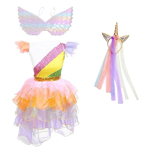 ADOCARN 3 Teiliges Einhorn Prinzessinnenkleid Performance Kostüm Tanzrock Feenrock Mädchen Tutu Ballkleider Für Kinder Halloween Kostüm Für Kindergeburtstag Tanzparty Buntes Tuch von ADOCARN