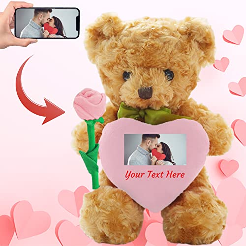 ADORSUN Teddybär mit Rose und Schleife mit Personalisierter Text+ Foto, Teddybär mit Herz für Valentinstag Hochzeit Jubiläum ValentinsGeschenke Mann sie Besondere ValentinsGeschenkee (25cm) von ADORSUN