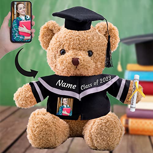 GraduationBär Personalisierte Graduation Geschenke mit benutzerdefinierten Text+Foto, Teddybär Plüschtier als Schulabschluss Geschenk für sie 2024 Oberschule Abschluss Geschenk (30 cm-Text+Foto) von ADORSUN