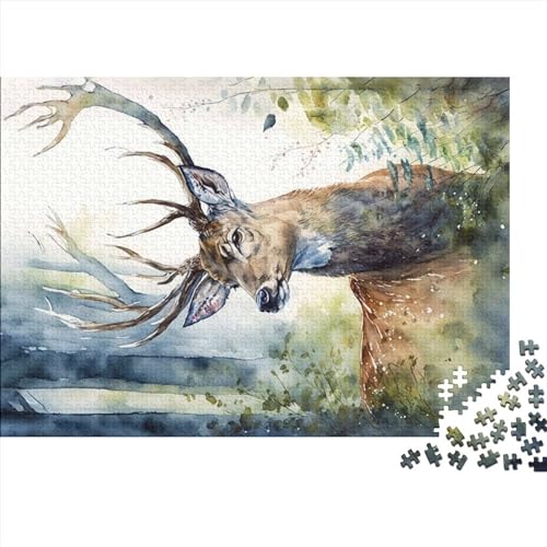 Hirsch-Aquarell-Wald-Puzzle, 1000 Teile Puzzle Für Erwachsene, Kinder, Puzzle-Sets Für Familien-Lernspiel (Größe 75X50cm) von ADOSIA