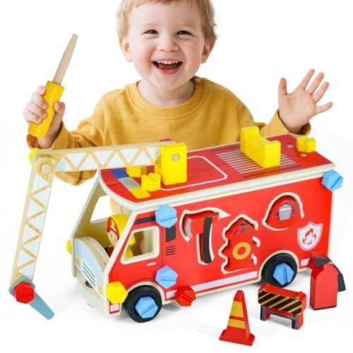 Holz Feuerwehrauto Spielzeug, gut greifbar Spielzeug ab 3 Jahre, Feuerwehr Spielzeug Set zum Rollenspiel, Feuerwehr Bausatz Holzspielzeug ab 3 4 5 6 Jahre, Geschenk 3 - 6 Jahre Junge Mädchen Holz Feuerwehrauto Spielzeug, gut greifbar Spielzeug ab 3 Jahre, Feuerwehr Spielzeug Set zum Rollenspiel, Feuerwehr Bausatz Holzspielzeug ab 3 4 5 6 Jahre, Geschenk 3 - 6 Jahre Junge Mädchen von AECHO